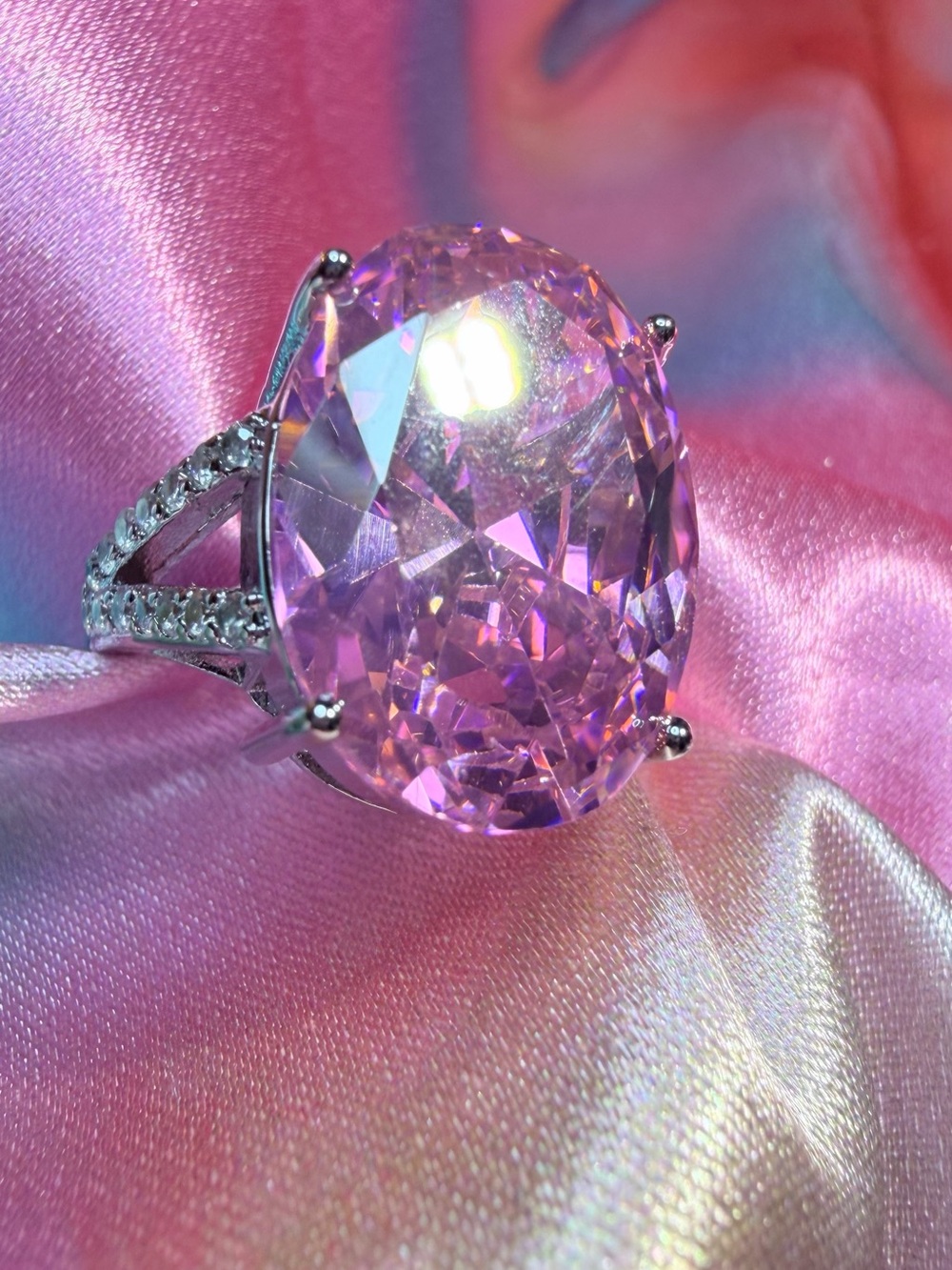 New Large Statement Shimmering Pink Crystal Ring with Pavé Band Adjustable